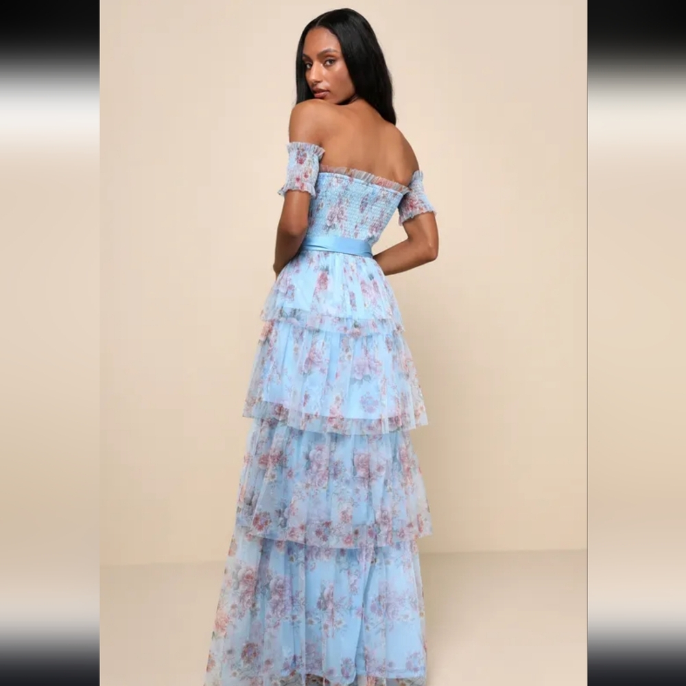 Lulus Pretty Whimsy Blue Floral Tiered Off-the-Shoulder Maxi Dress - Picture 6 of 7